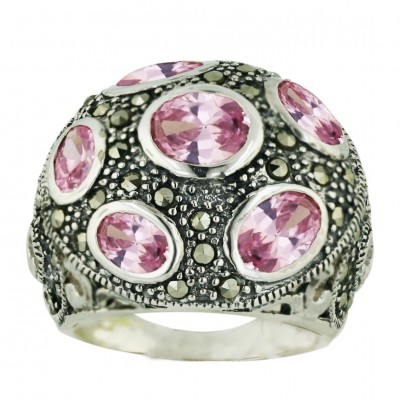 Marcasite Ring 3 Pcs Oval+Round Pink Cubic Zirconia with Pave Marcasite Swirl Sid - 8