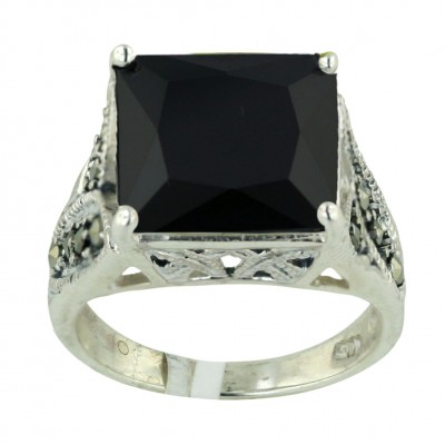 Marcasite Ring 13X13mm Black Cubic Zirconia Square Princess Cut with 4 Prongs