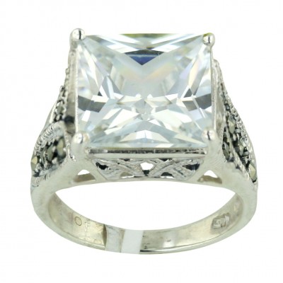 Marcasite Ring 13X13mm Clear Cubic Zirconia Square Princess Cut with 4 Prongs
