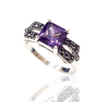 Marcasite Ring 7X7mm Amethyst Cubic Zirconia Square Double Lines