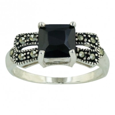 Marcasite Ring 7X7mm Black Cubic Zirconia Square Princess Cut with Open Pave