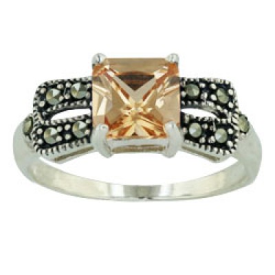 Marcasite Ring 7X7mm Champagne Cubic Zirconia Square Double Lines
