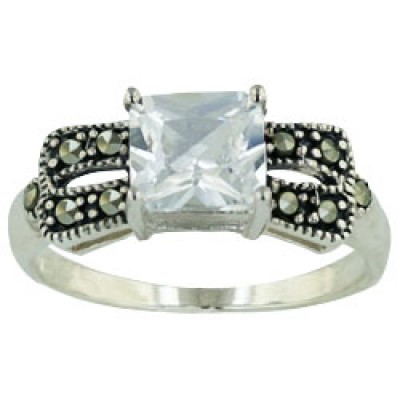 Marcasite Ring 7X7mm Clear Cubic Zirconia Square Double Lines