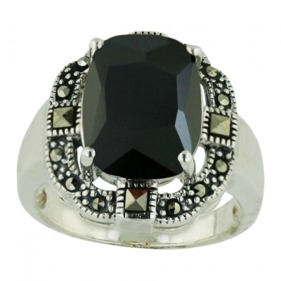 Marcasite Ring 19X17mm Black Cubic Zirconia Oval with 4 Prongs+Square Cut