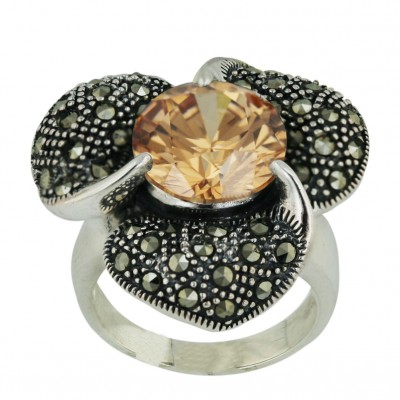 Marcasite Ring 12mm Champagne Cubic Zirconia Round with Pave Marcasite Flower Petals