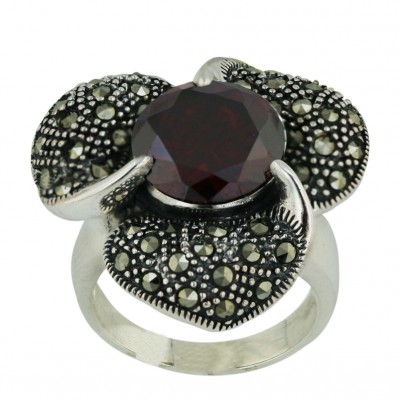 Marcasite Ring 12mm Garnet Cubic Zirconia Round with Pave Marcasite Flower Petals