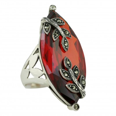 Marcasite Ring 37X17mm Garnet Cubic Zirconia Marquis with Pave Marcasite Flwrs