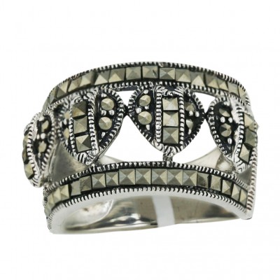 Marcasite Ring 4 Pave Marcasite Heart Ctr Row Wide Band Square Cut