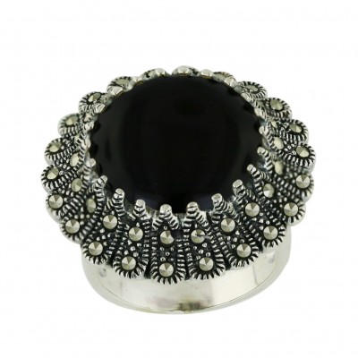 Marcasite Ring 28X28mm Onyx Round Cabochon with Pave Marcasite Flower