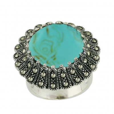 Marcasite Ring 28X28mm Faux Turquoise Round Cabochon with Pave Marcasite F