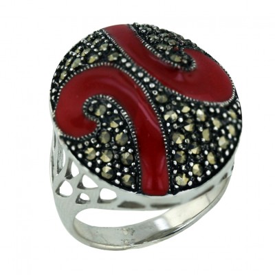 Marcasite Ring 26X22mm Puff Oval with 2 Red Enamel Swirl