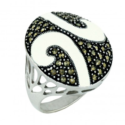 Marcasite Ring 26X22mm Puff Oval with 2 White Enamel Swirl