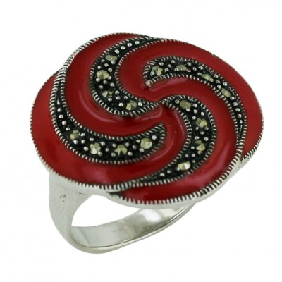 Marcasite Ring 25X25mm Oppositive Red Enamel+Marcasite Lines