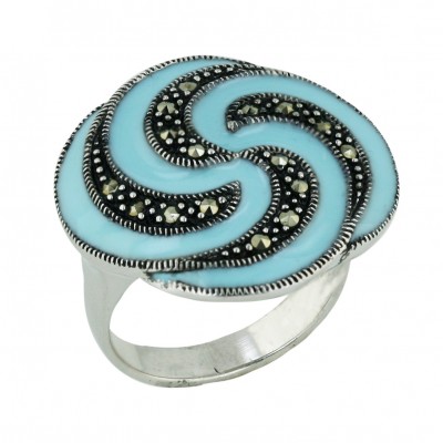 Marcasite Ring 25X25mm Oppositive Turquoise Blue Enamel+Marcasite Lines