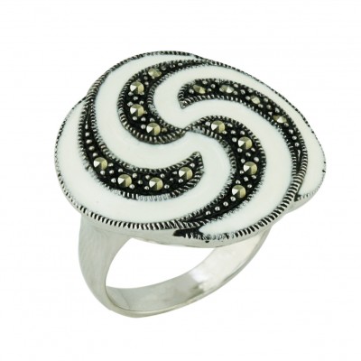 Marcasite Ring 25X25mm Oppositive White Enamel+Marcasite Lines