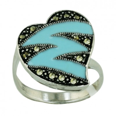 Marcasite Ring (W=20mm) Turquoise Blue Enamel+Marcasite Zig-Zag Heart