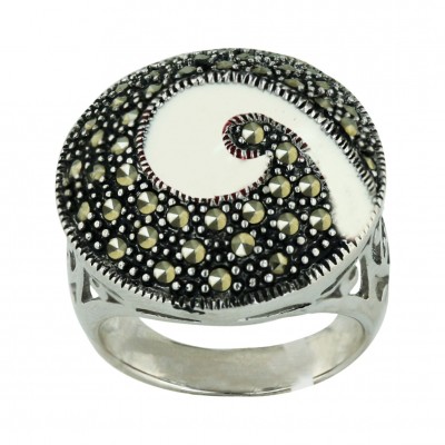 Marcasite Ring (W=22mm) Puff Round with White Enamel Swirl