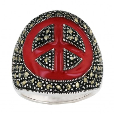 Marcasite Ring Red Enamel Peace Symbol Dome
