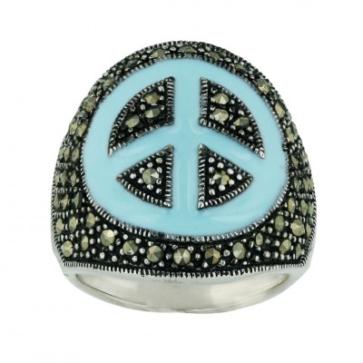Marcasite Ring Turquoise Blue Enamel Peace Symbol Dome