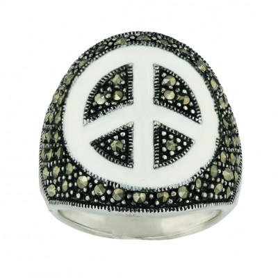 Marcasite Ring White Enamel Peace Symbol Dome