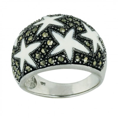 Marcasite Ring 5 White Enamel Star Dome