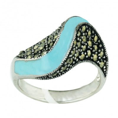 Marcasite Ring 3 Dimension Turquoise Blue Enamel+Marcasite Wavy