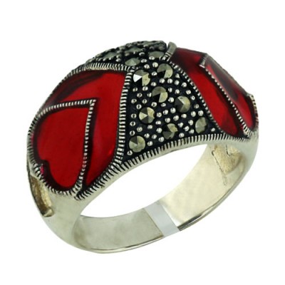 Marcasite Ring 24X13mm Red Transparent Epoxy+Open Sided H