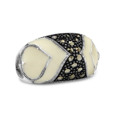 Marcasite Ring 24X13mm White Opaque Epoxy+Open Sided Hear