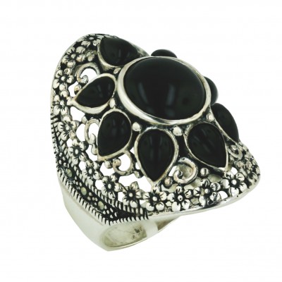Marcasite Ring Onyx Flower Bezel Set with Oxidized Flower Around