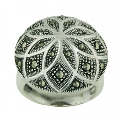 Marcasite Ring 27mm Pave Marcasite Round with Silver Flowery Design