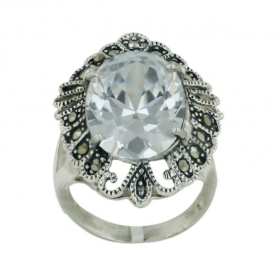 Marcasite Ring 16X13mm Clear Cubic Zirconia Oval with Pave Marcasite Feathers Arou
