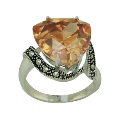 Marcasite Ring 14X14mm Champagne Cubic Zirconia Trillon with Pave Marcasite Around