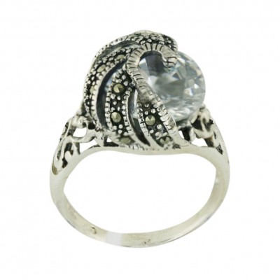 Marcasite Ring 12mm Clear Cubic Zirconia Round with Pave Marcasite Waves