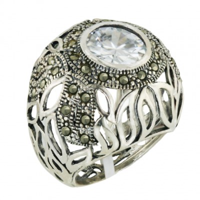 Marcasite Ring 14mm Clear Cubic Zirconia Round with Pave Marcasite+Open Silver Le
