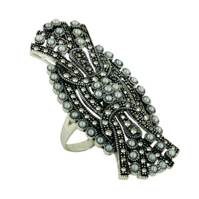Marcasite Ring 51X23mm White Imitation Pearl with Pave Marcasite Ar