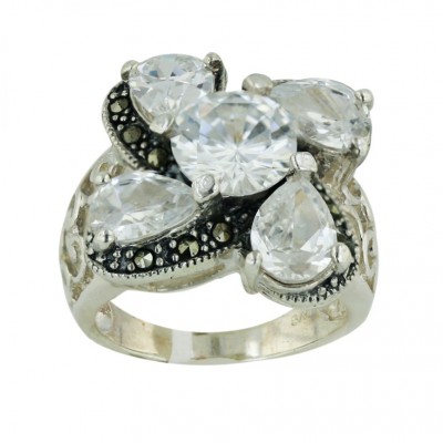 Marcasite Ring 4 Pcs Clear Cubic Zirconia Tear Drop+1 Round Criss Cross