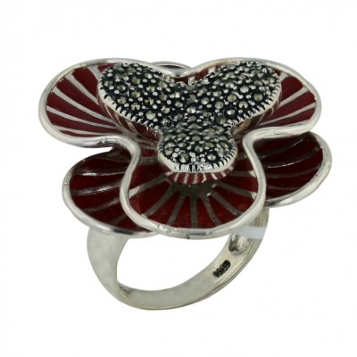 Marcasite Ring 33X33mm Rd Enamel Flower Line Texture with Pave