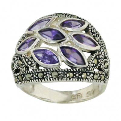 Marcasite Ring 7 Pcs Amethyst Cubic Zirconia Marquis Cluster