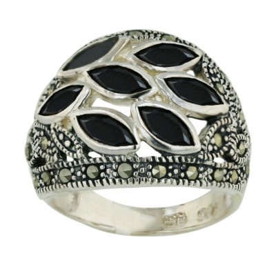 Marcasite Ring 7 Pcs Black Cubic Zirconia Marquis Cluster