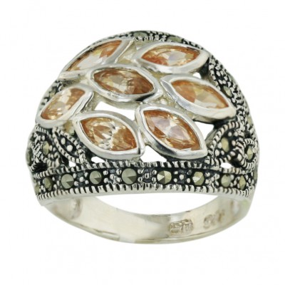 Marcasite Ring 7 Pcs Champagne Cubic Zirconia Marquis Cluster