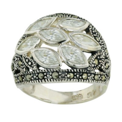 Marcasite Ring 7 Pcs Clear Cubic Zirconia Marquis Cluster