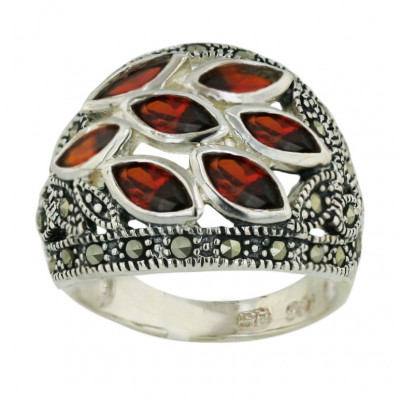 Marcasite Ring 7 Pcs Garnet Cubic Zirconia Marquis Cluster