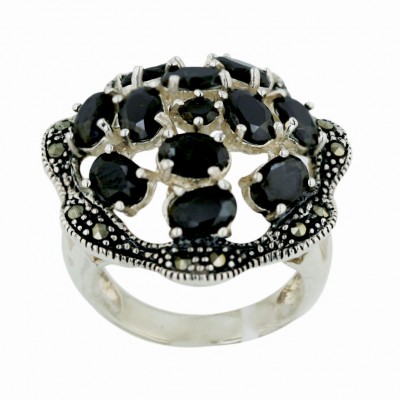 Marcasite Ring 26X26mm Black Cubic Zirconia Multicolor-Oval Cluster Open Wavy