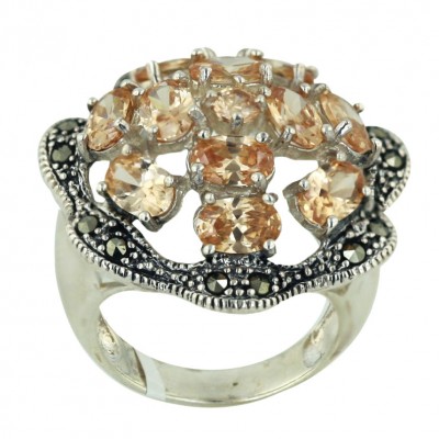 Marcasite Ring 26X26mm Champagne Cubic Zirconia Multicolor-Oval Cluster Open Wavy