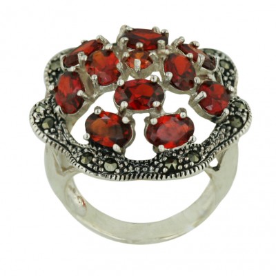 Marcasite Ring 26X26mm Garnet Cubic Zirconia Multicolor-Oval Cluster Open Wavy