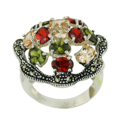 Marcasite Ring 26X26mm Garnet +Champagne+Olivine Cubic Zirconia Multicolor-Oval Cluster Ope
