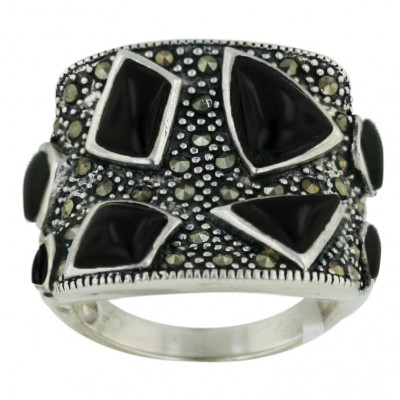 Marcasite Ring 22X21mm Onyx Trillion+Triangle+Irregular S