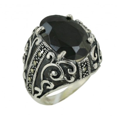 Marcasite Ring 18X12mm Black Cubic Zirconia Oval with 4 Prongs+Silver Filig