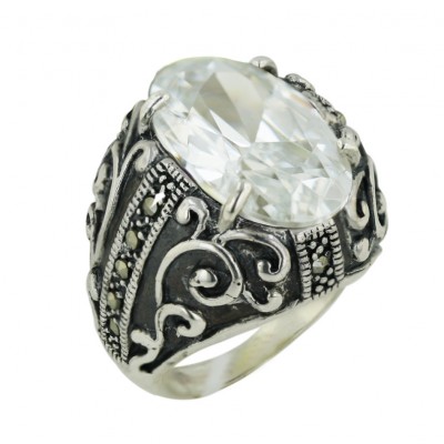 Marcasite Ring 18X12mm Clear Cubic Zirconia Oval with 4 Prongs+Silver Filig