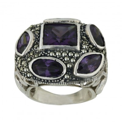 Marcasite Ring 27X27mm Pave Marcasite Cushion with Amethyst Cubic Zirconia Marquis+Olivine
